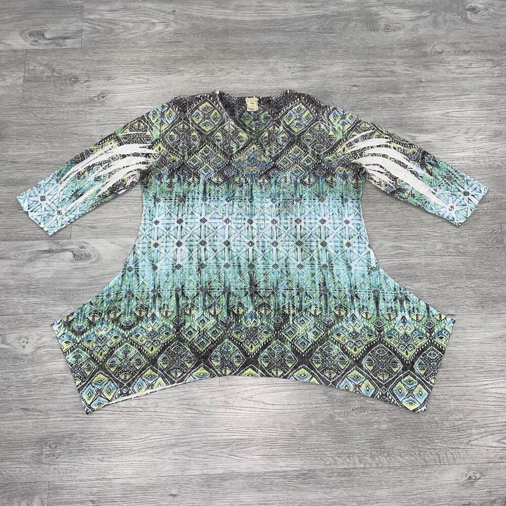 Jess & Jane Top Women’s 1X Assymetrical Hem Art To Wear 3/4 Sleeves Tunic Shirt